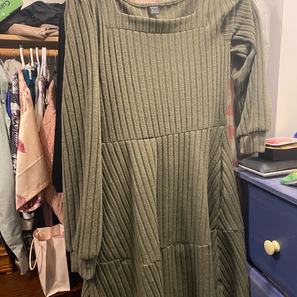 SHEIN Olive Green Ribbed Dress